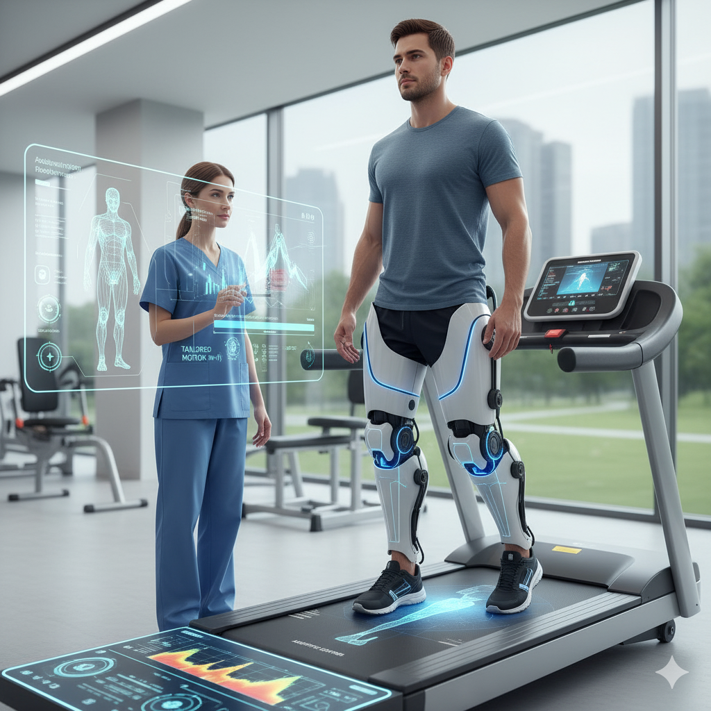 Man using a robotic exoskeleton on a treadmill under physiotherapist supervision with holographic health data, representing advanced rehabilitation technology.