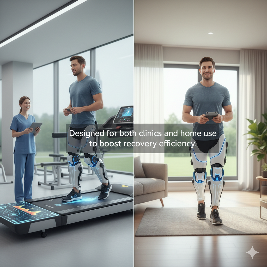 Man using a robotic exoskeleton for gait training in a clinic and at home, showcasing versatile rehabilitation technology for recovery efficiency.